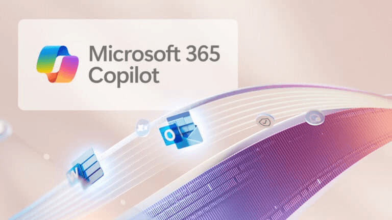 Microsoft 365 Copilot logo met productiviteits- en beveiligingsicons op digitaal gradient achtergrond | UnifyAI