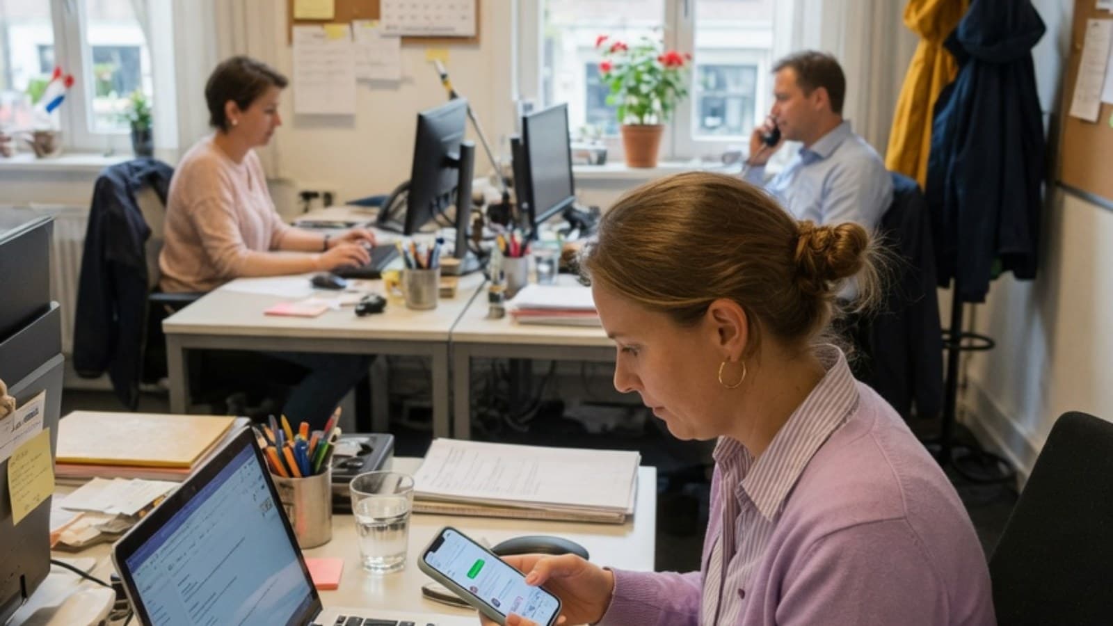 Een medewerker gebruikt een AI-app op haar eigen telefoon naast de laptop van het werk