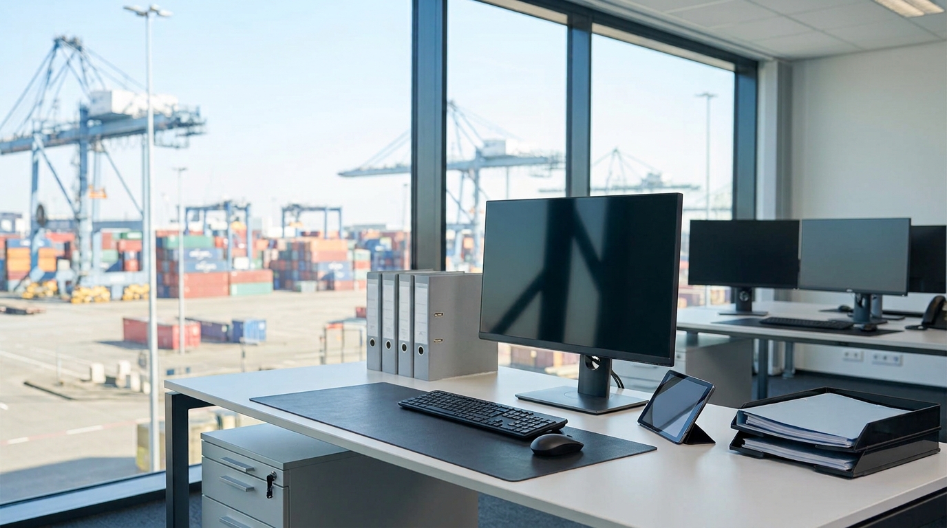 Een kantoor met uitzicht op een containerterminal